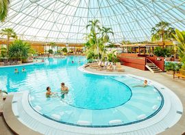 Therme Erding Ein Pool in der Therme Erding mit Palmen, Badegästen und offenem Glasdach.