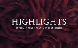 Logo der Internationalen Kunstmesse München "HIGHLIGHTS" auf rotem Hintergrund.